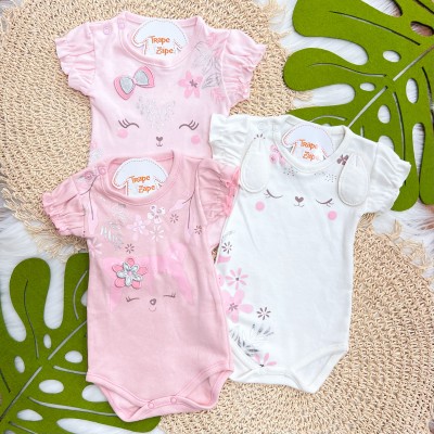 Kit 3 Peças - Bodys Manga Curta Cachorrinha com Flores - Rosa, Off White e Rose